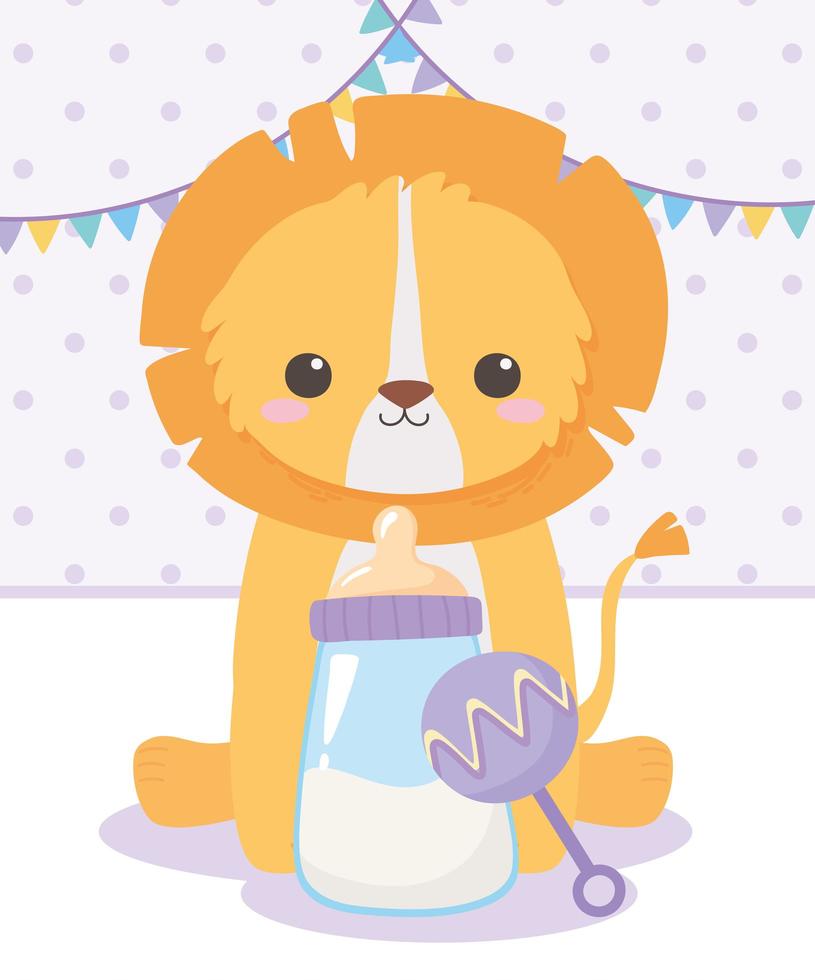 babydouche, kleine leeuw zittend met rammelaar en fles melk, feest welkom pasgeboren vector