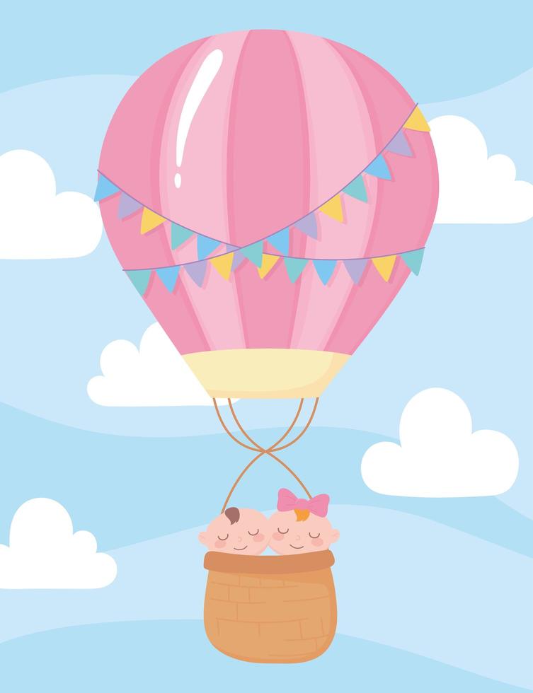 babydouche, schattige baby's in de lucht van de hete luchtballon, feest welkom pasgeboren vector