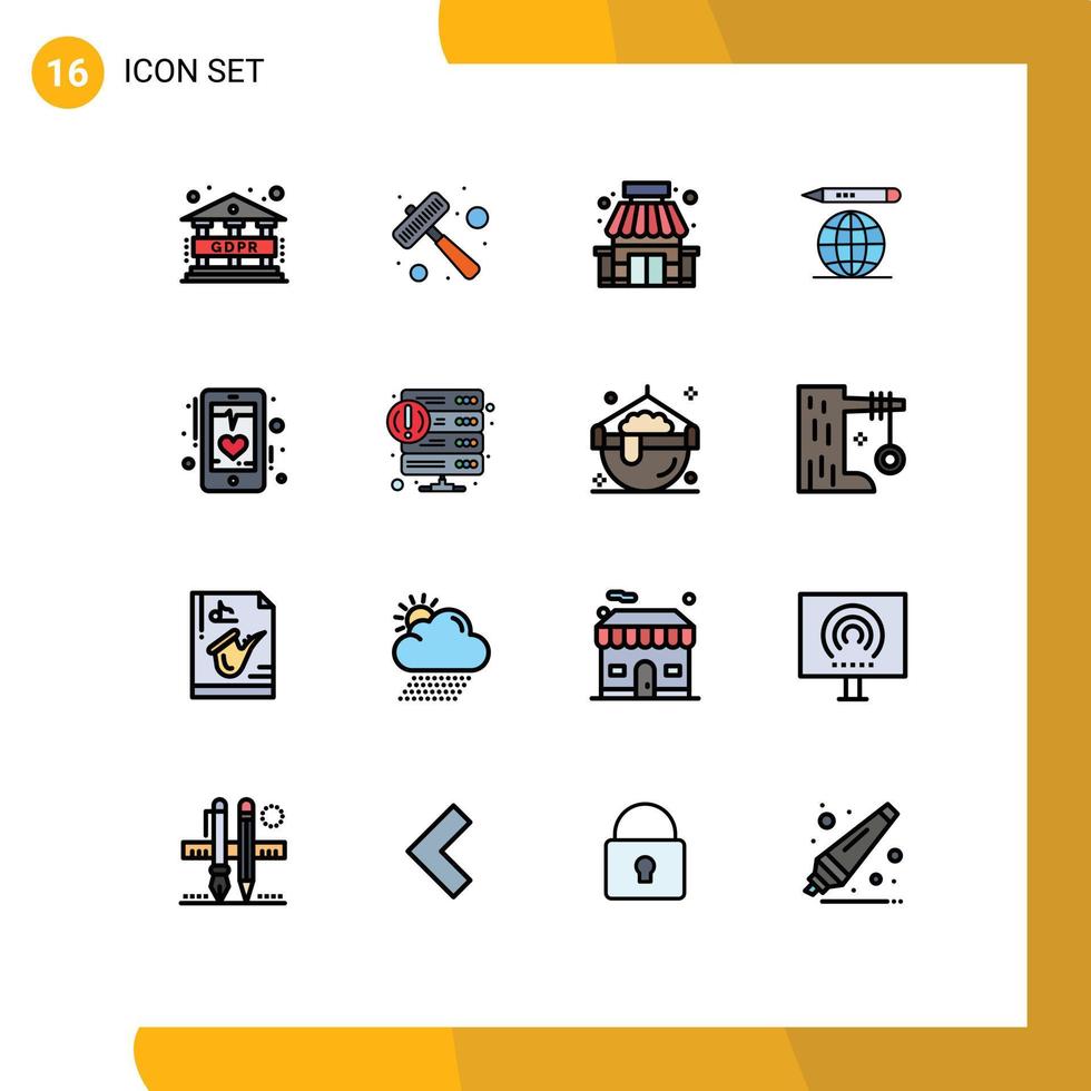 16 thematisch vector vlak kleur gevulde lijnen en bewerkbare symbolen van mobiel ecg winkel ritme onderwijs wereldbol bewerkbare creatief vector ontwerp elementen