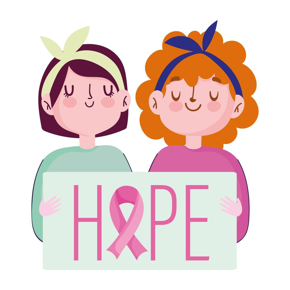 borstkanker bewustzijn maand, twee jonge vrouwen plakkaat hoop belettering, vector