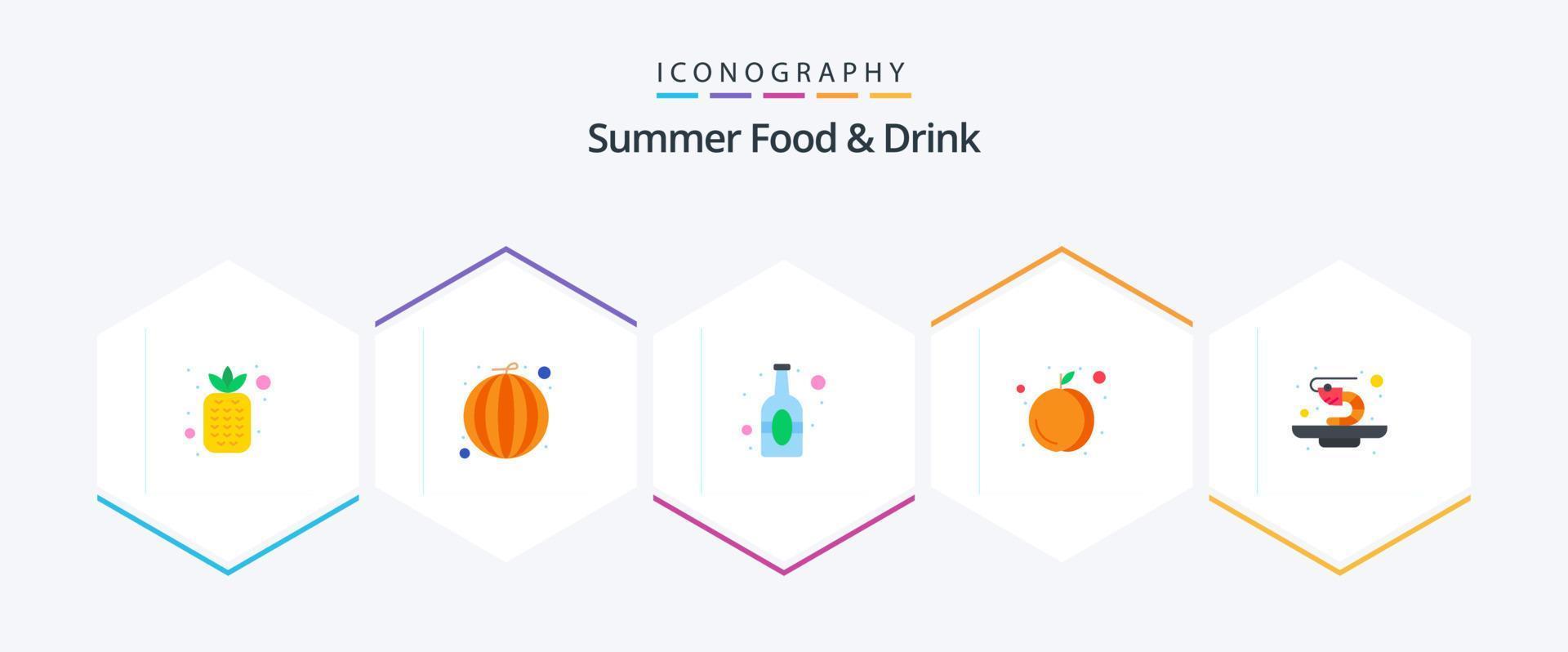 zomer voedsel en drinken 25 vlak icoon pak inclusief garnaal. garnaal. bier. perzik. voedsel vector