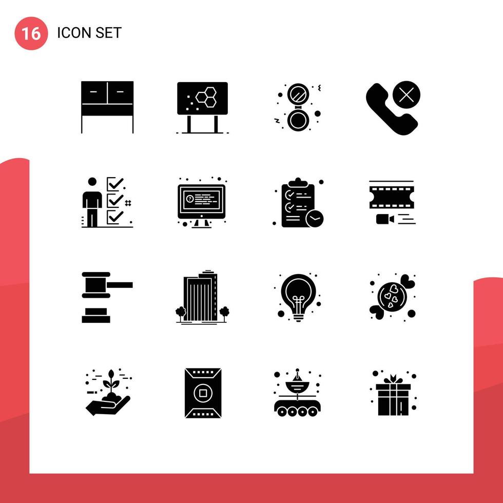 pictogram reeks van 16 gemakkelijk solide glyphs van checklist telefoon badkamer mobiel telefoontje bewerkbare vector ontwerp elementen