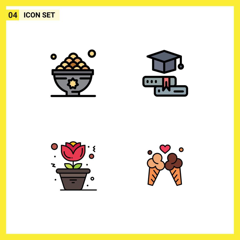 gevulde lijn vlak kleur pak van 4 universeel symbolen van datums bloem lunch pet pot bewerkbare vector ontwerp elementen