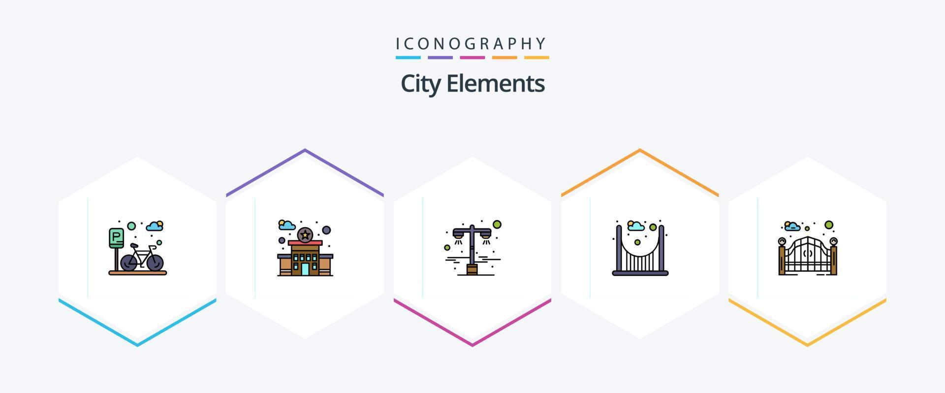 stad elementen 25 gevulde lijn icoon pak inclusief straat poort. poort. licht. tuin. parken vector