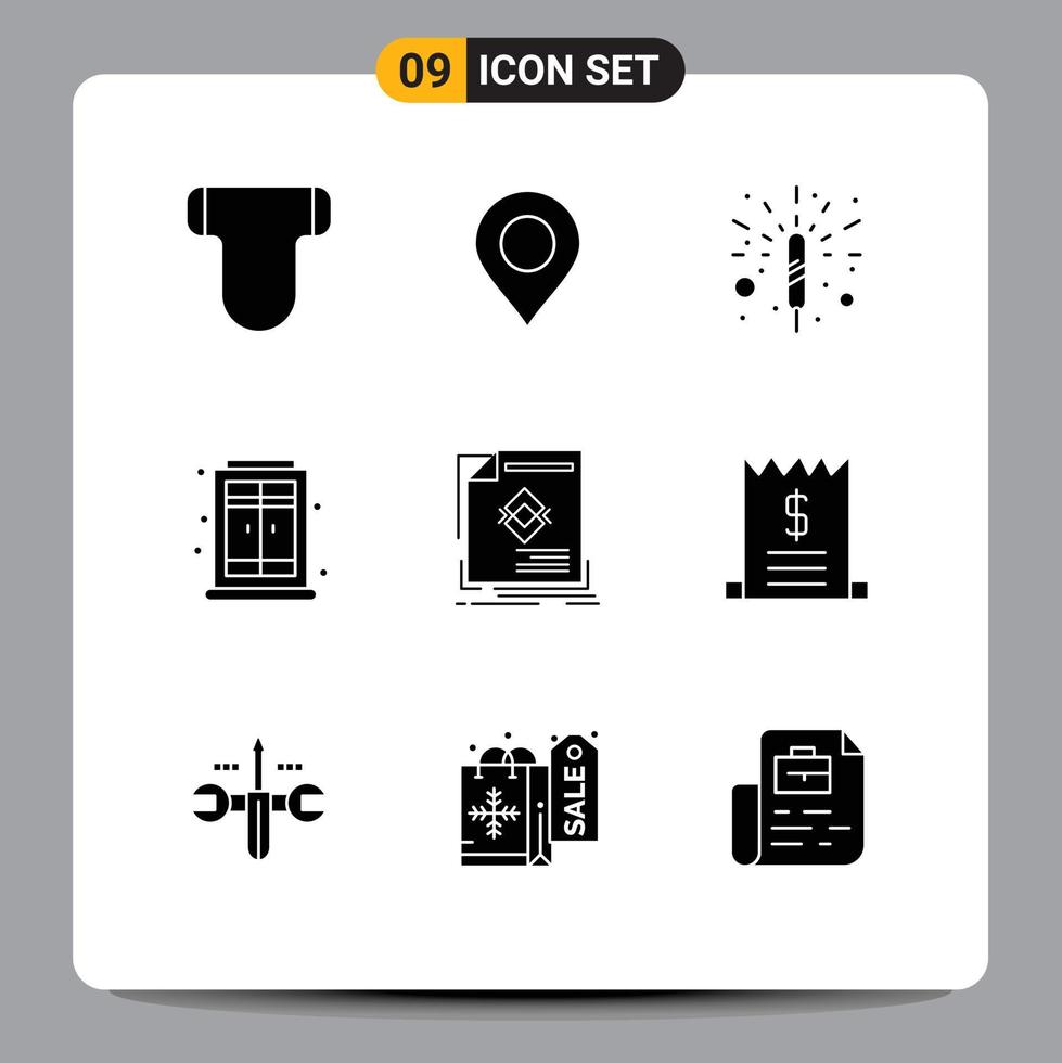 pictogram reeks van 9 gemakkelijk solide glyphs van bladzijde brochure vuurwerk advertentie venster bewerkbare vector ontwerp elementen