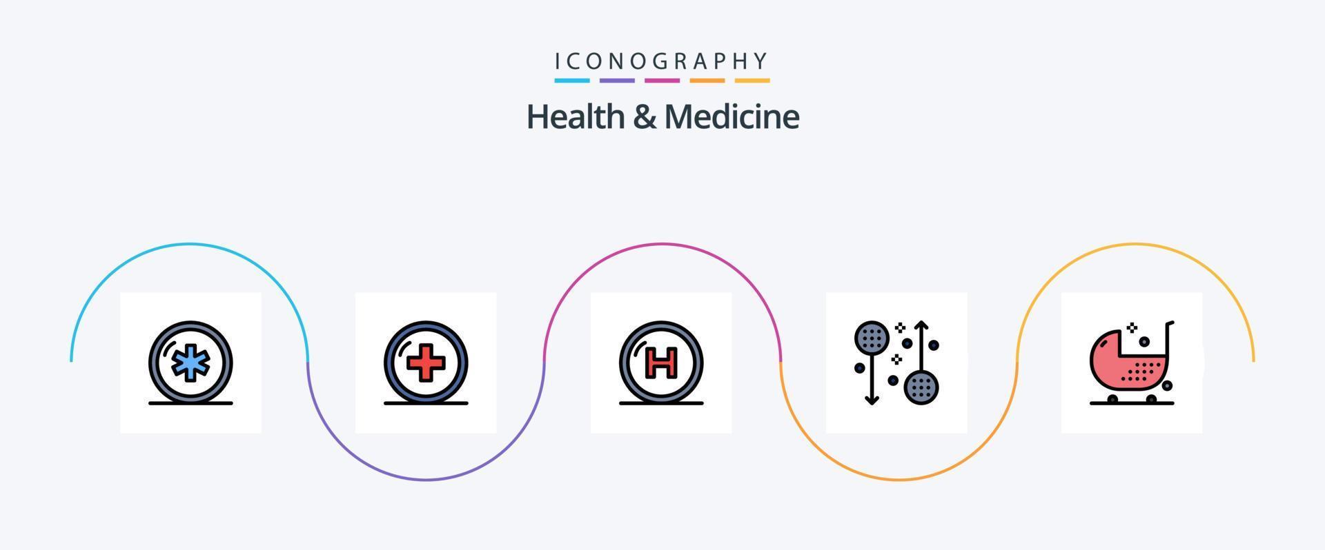 Gezondheid en geneeskunde lijn gevulde vlak 5 icoon pak inclusief geschiktheid. ziekte. geneesmiddel. lijn. Gezondheid vector