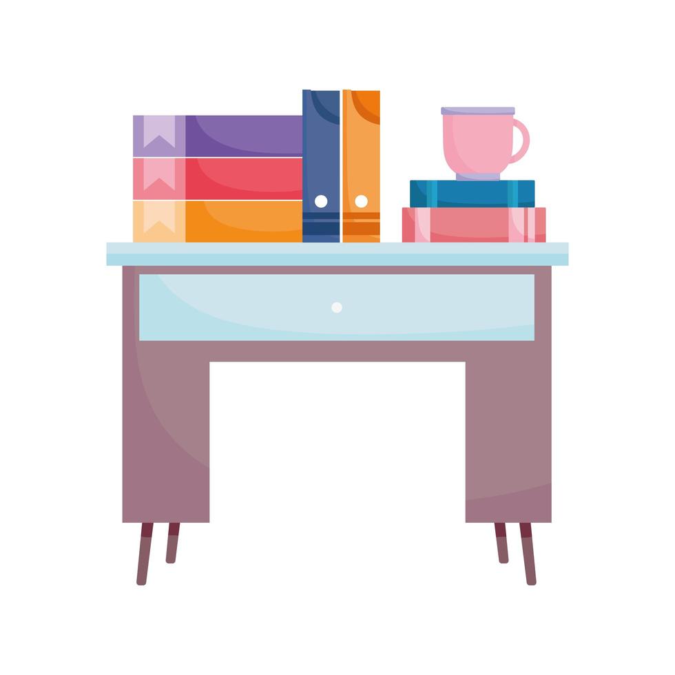 werkruimte bureau met boeken bindmiddelen en koffiekopje geïsoleerd ontwerp witte achtergrond vector