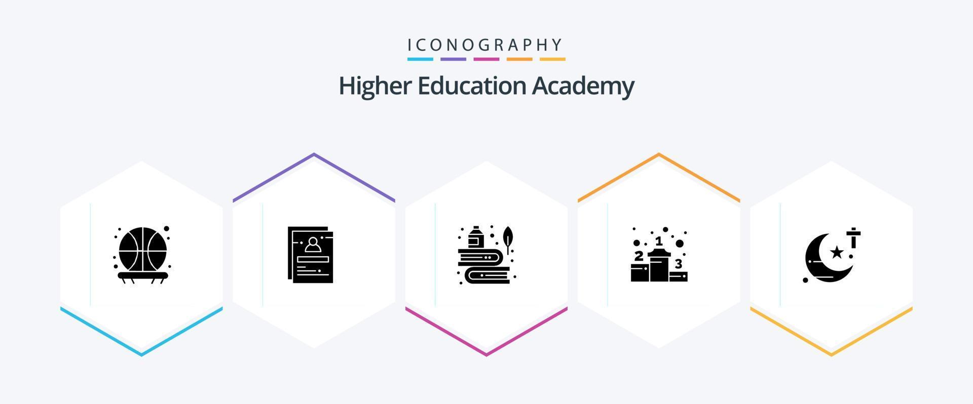 academie 25 glyph icoon pak inclusief religieus. succes. boeken. positie. inkt vector