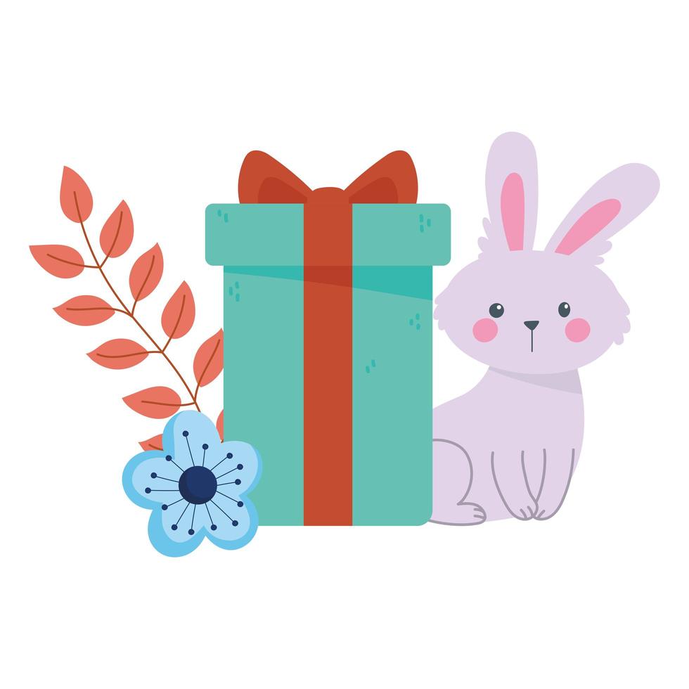 schattig konijn met geschenkdoos en bloem herfst seizoen geïsoleerde pictogramstijl vector