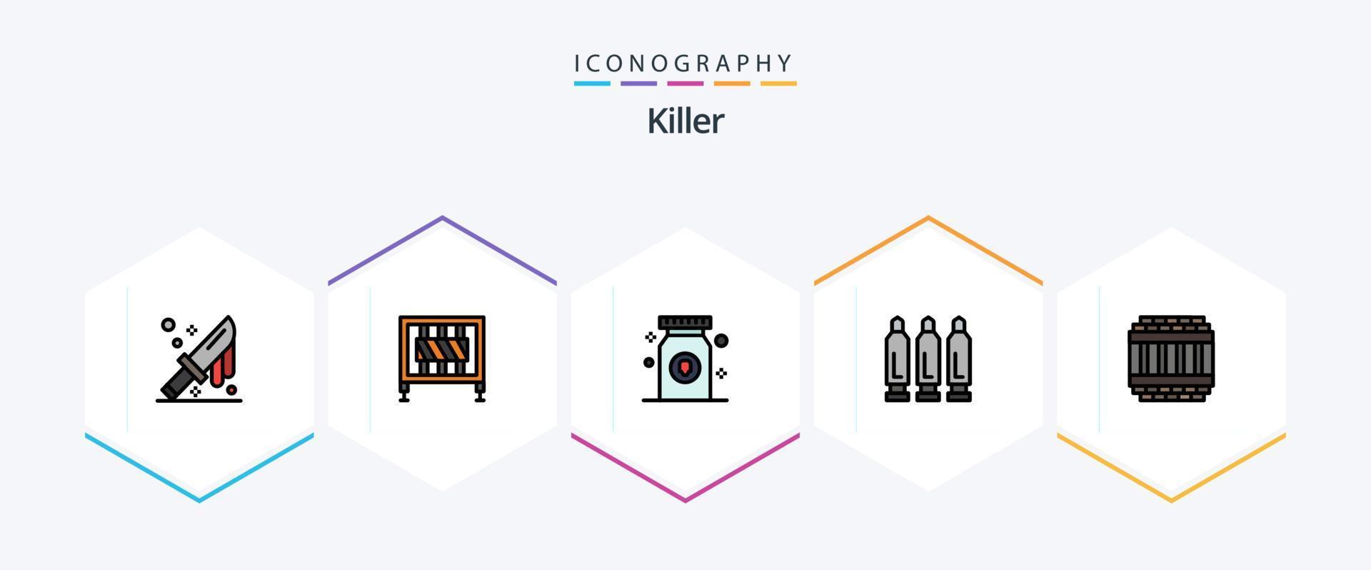 moordenaar 25 gevulde lijn icoon pak inclusief gevangen gezet. wapen. medicijn. schieten. kogel vector