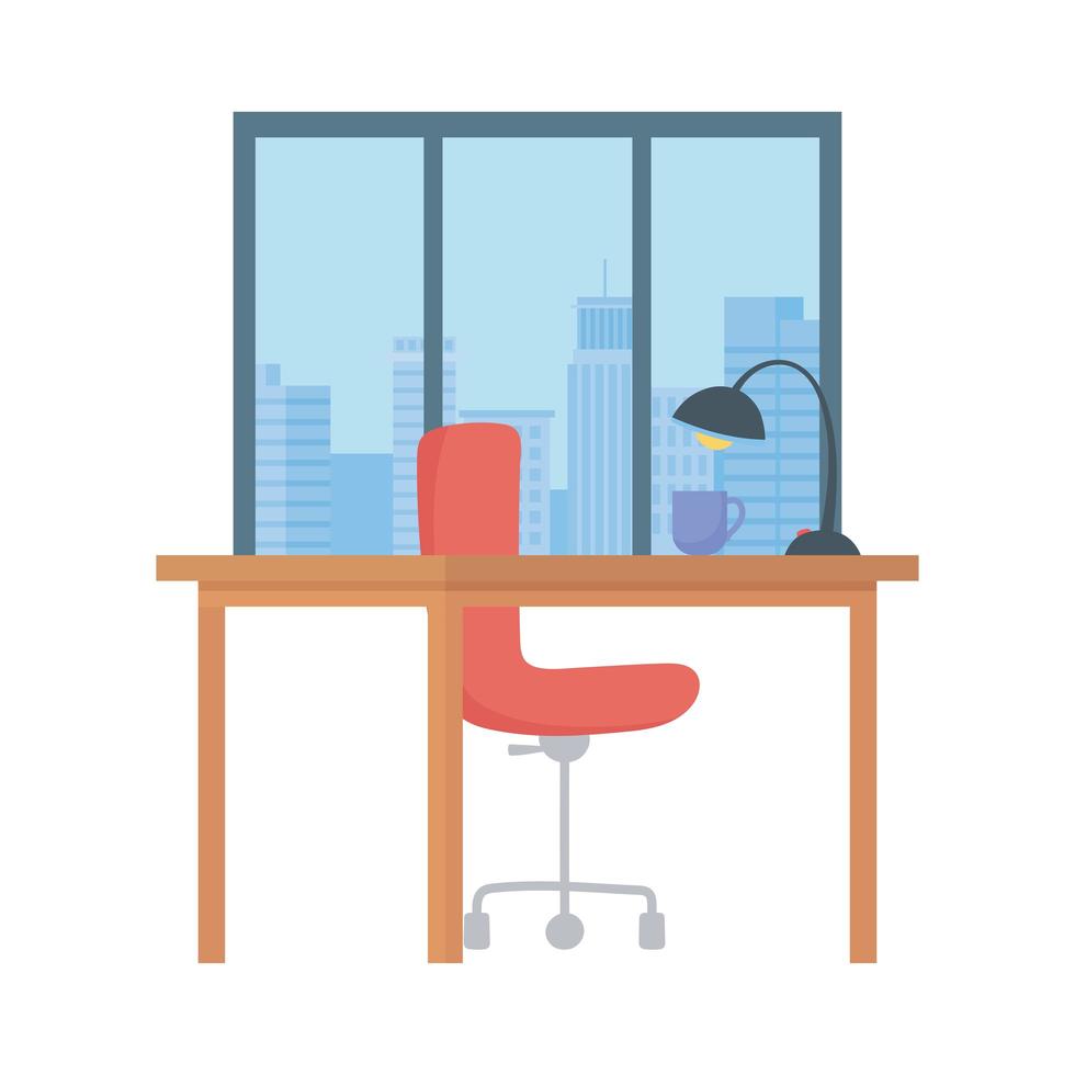 werkruimte bureau lamp stoel en raam geïsoleerd ontwerp witte achtergrond vector