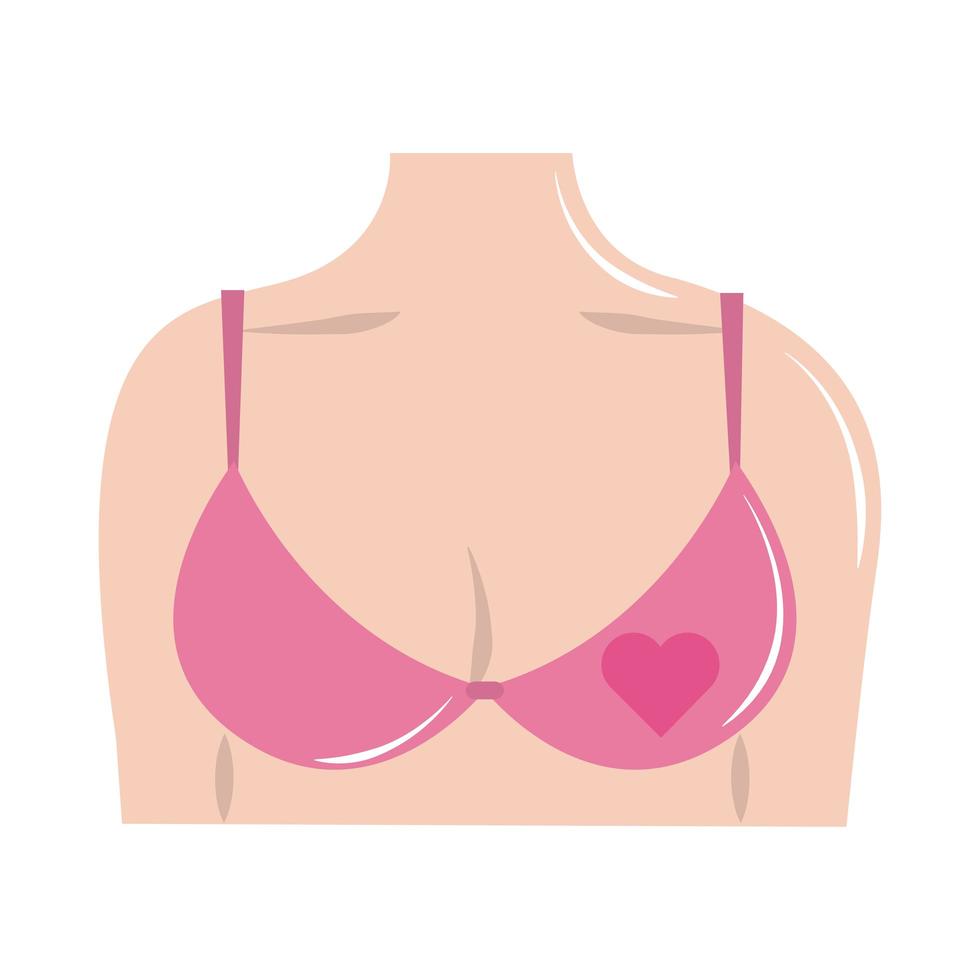 borstkanker bewustzijn maand, vrouwelijke borst roze beha en hart, gezondheidszorg concept platte pictogramstijl vector
