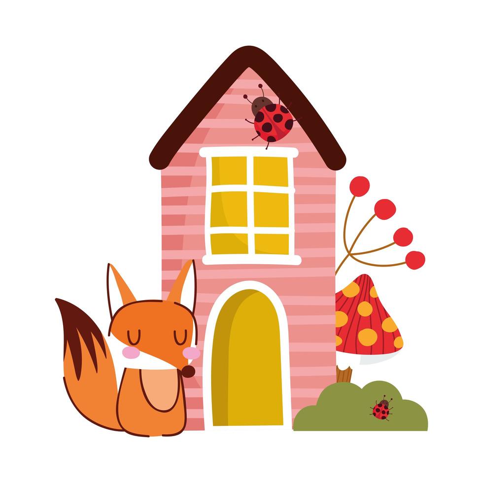 hallo herfst, cartoon schattige vos huis paddestoelen struik vector