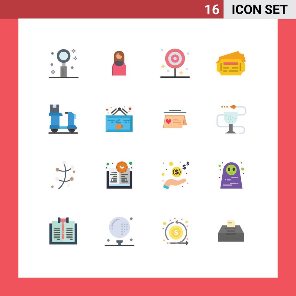 16 vlak kleur concept voor websites mobiel en apps fiets ticket dame trein voedsel bewerkbare pak van creatief vector ontwerp elementen