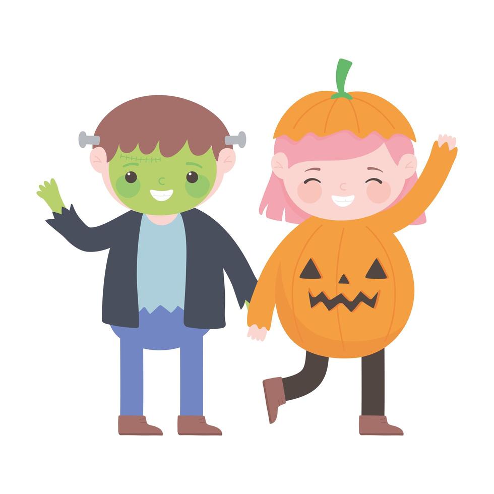 gelukkig halloween, kinderen met monster- en pompoenkostuums vector