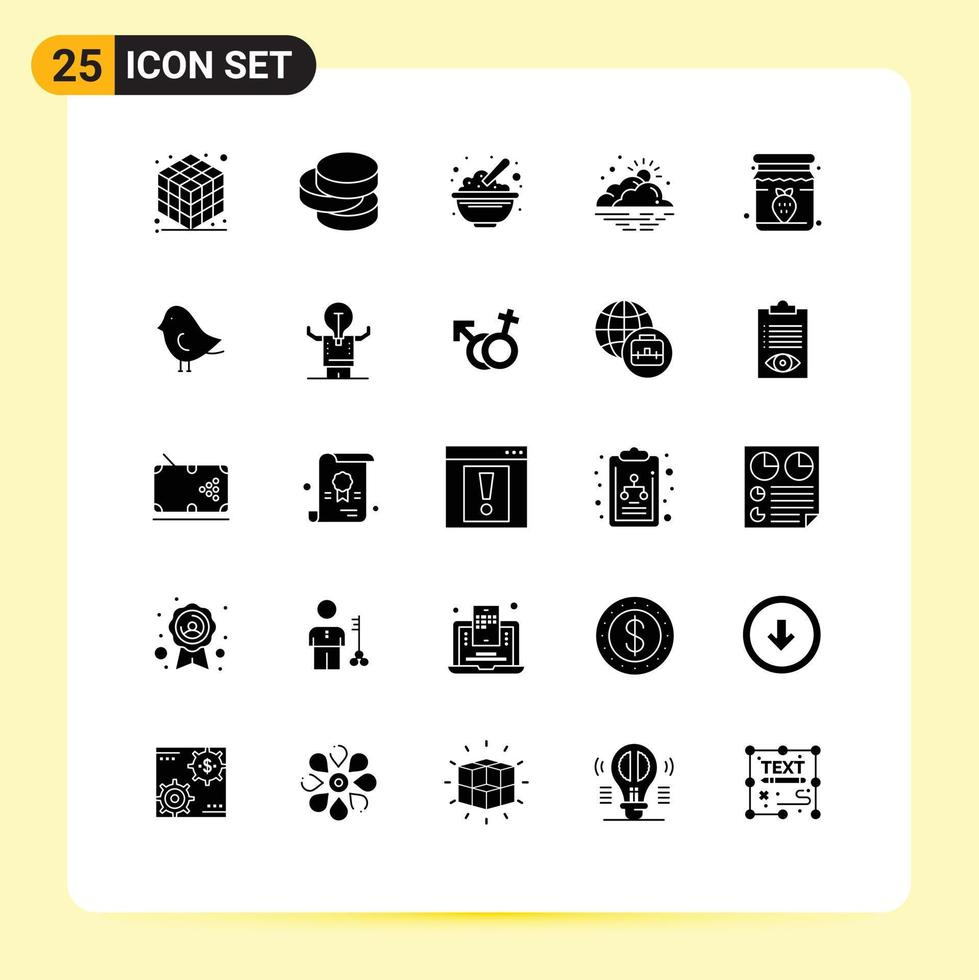 pictogram reeks van 25 gemakkelijk solide glyphs van pot weer voedsel zon dag bewerkbare vector ontwerp elementen