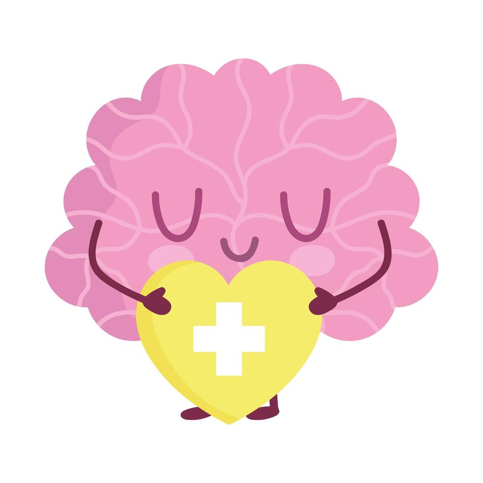 wereld geestelijke gezondheid dag, cartoon hersenen karakter hart medisch vector