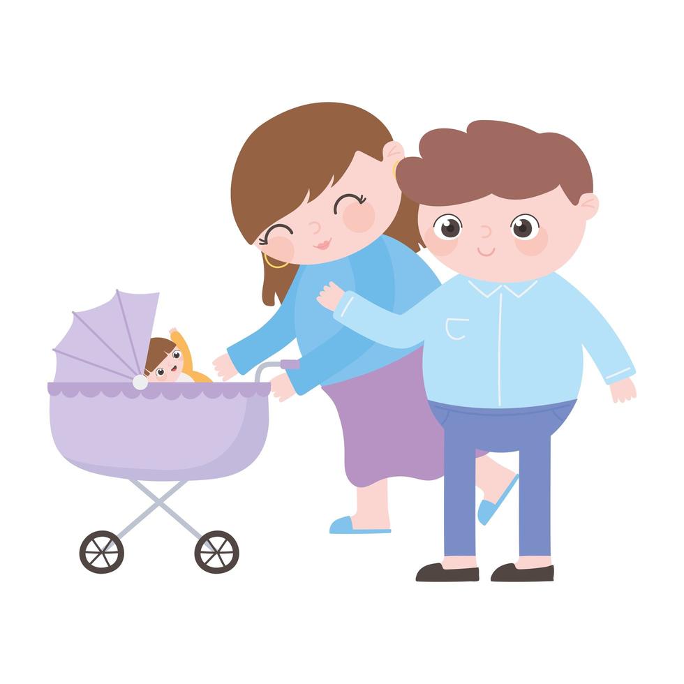 zwangerschap en moederschap, gelukkige ouders met baby in de kinderwagen vector