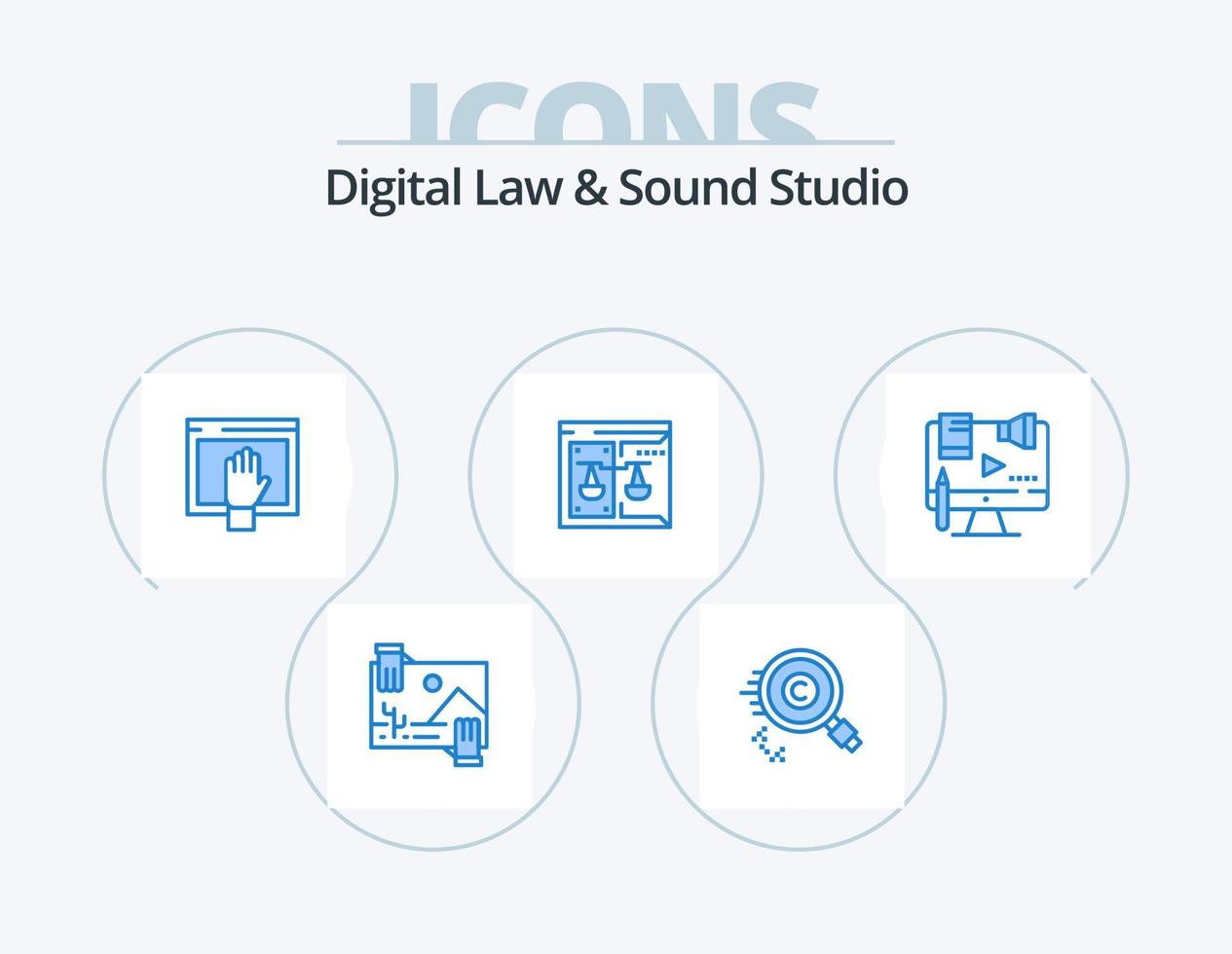 digitaal wet en geluid studio blauw icoon pak 5 icoon ontwerp. rechtbank. bedrijf. baasje. open. vrij vector