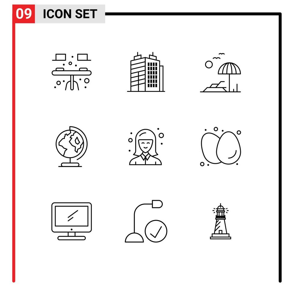 reeks van 9 modern ui pictogrammen symbolen tekens voor leerling vrouw palm kaart wereldbol bewerkbare vector ontwerp elementen