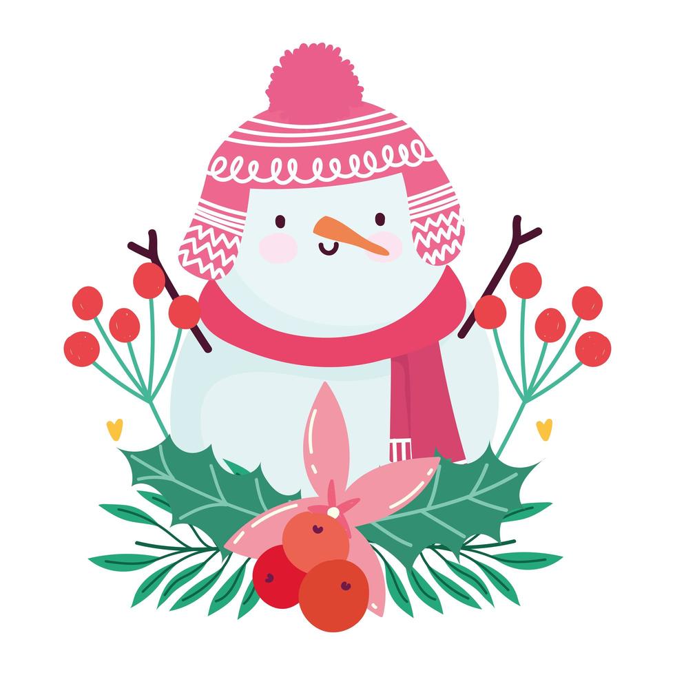 vrolijk kerstfeest, sneeuwpop cartoon bloem en holly berry geïsoleerd ontwerp vector