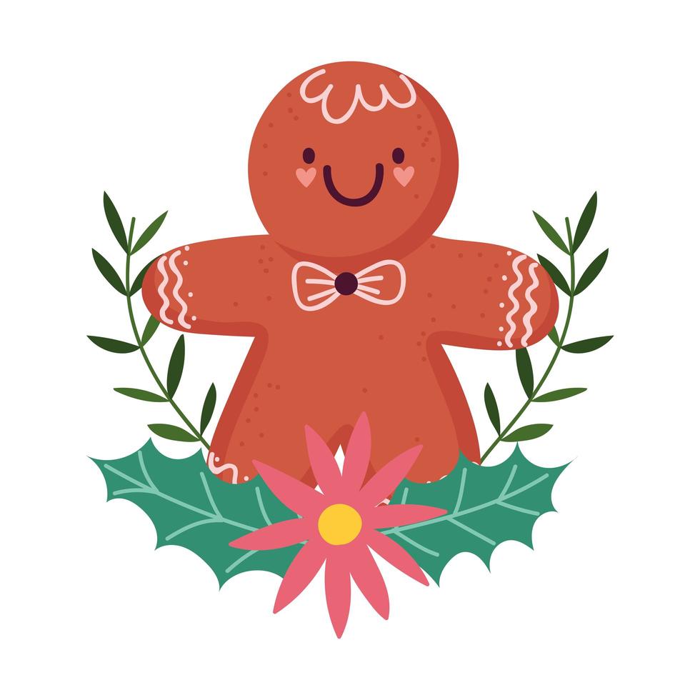 vrolijk kerstfeest, peperkoek man cartoon bloem poinsettia bladeren decoratie, geïsoleerd ontwerp vector