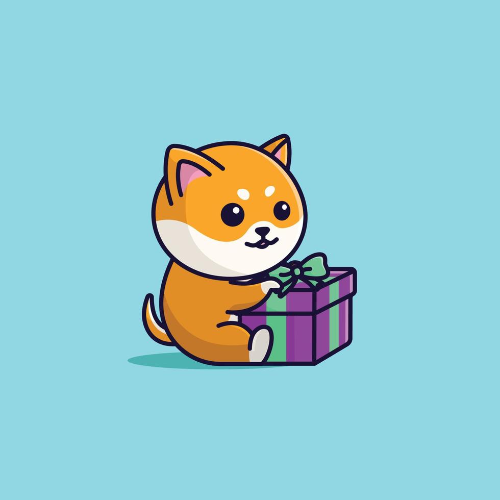 vector schattig tekenfilm hond met geschenk doos vrij gemakkelijk illustratie