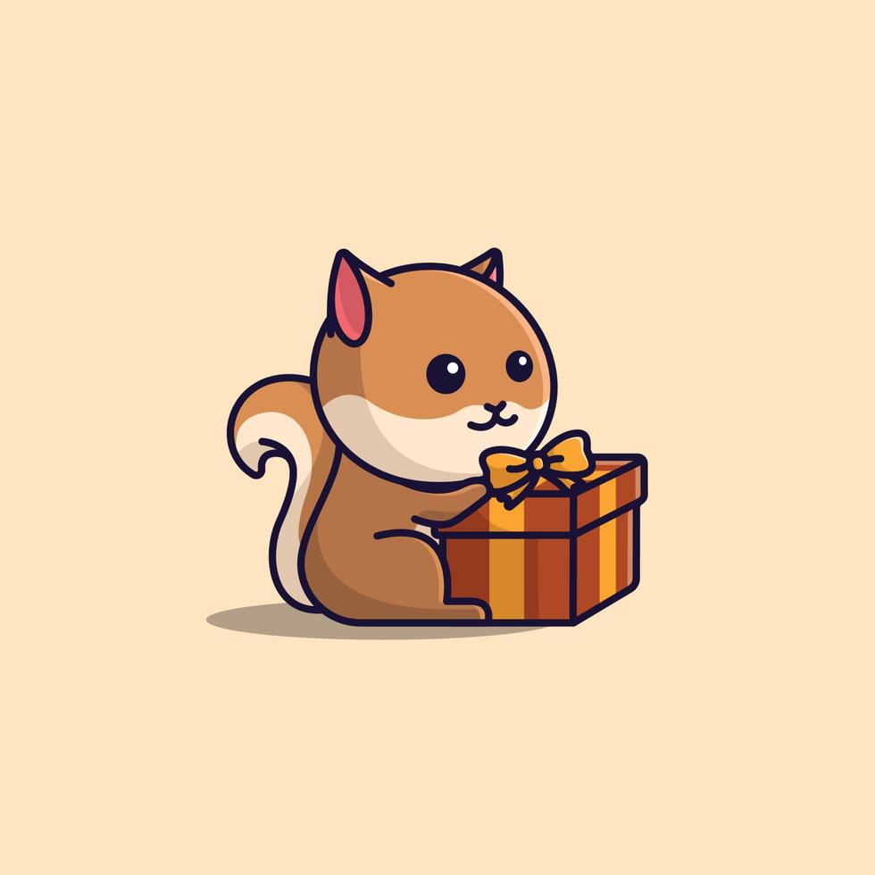 vector schattig tekenfilm eekhoorn met geschenk doos vrij gemakkelijk illustratie