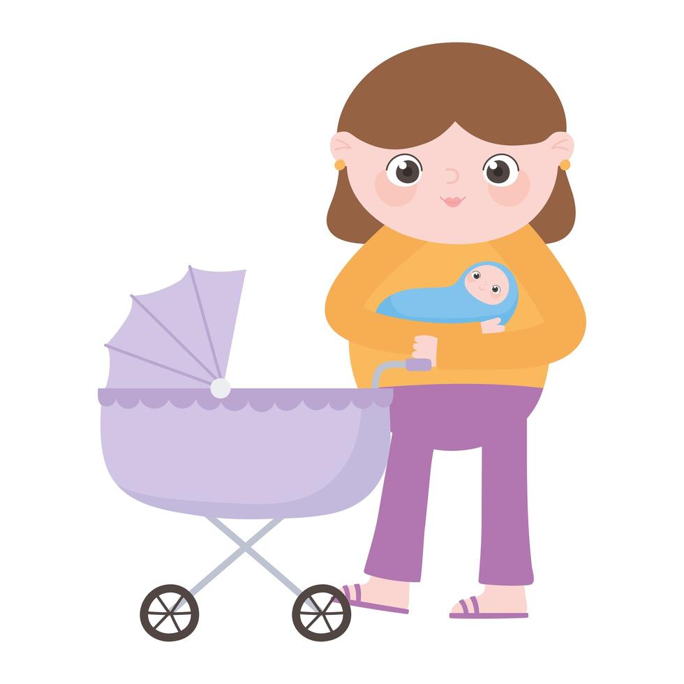zwangerschap en moederschap, moeder met baby en kinderwagen vector