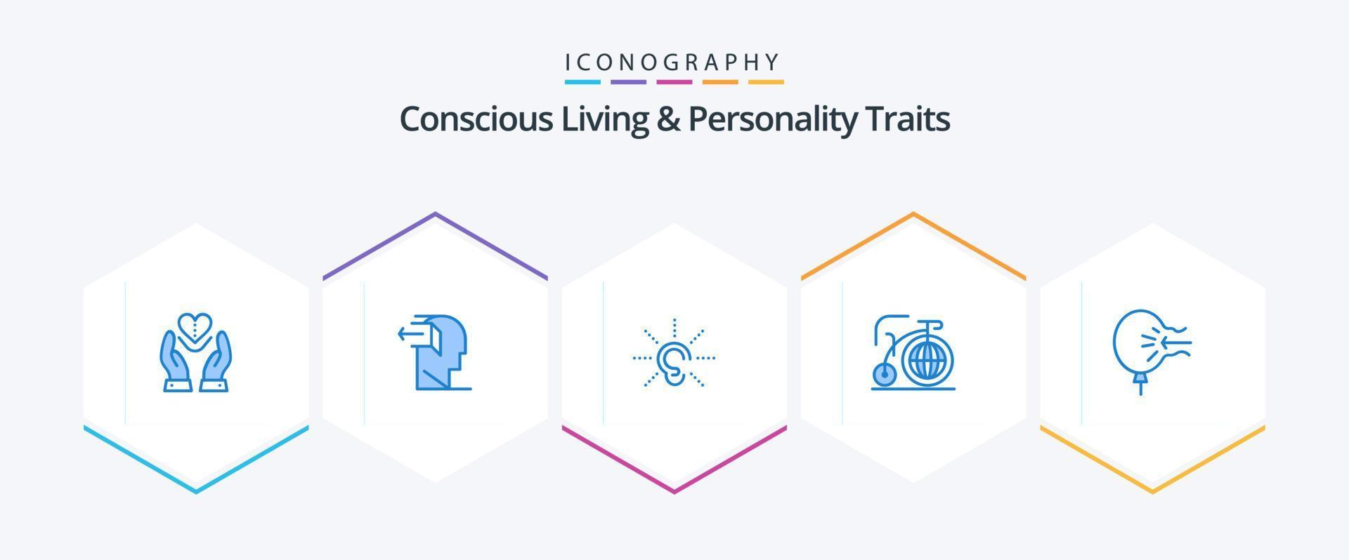 bewust leven en persoonlijkheid eigenschappen 25 blauw icoon pak inclusief droom. groot. uit. luister. horen vector
