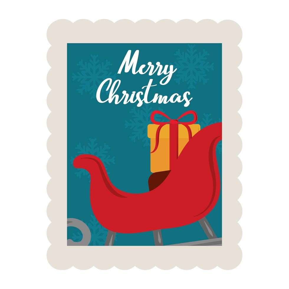 vrolijk kerstfeest slee met geschenkdoos decoratie stempel pictogram vector