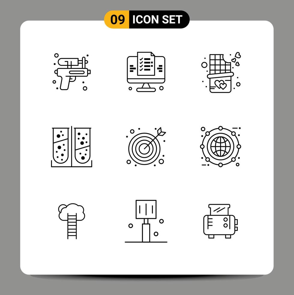 voorraad vector icoon pak van 9 lijn tekens en symbolen voor doelwit stieren oog chocola bar beet laboratorium test chemisch bewerkbare vector ontwerp elementen