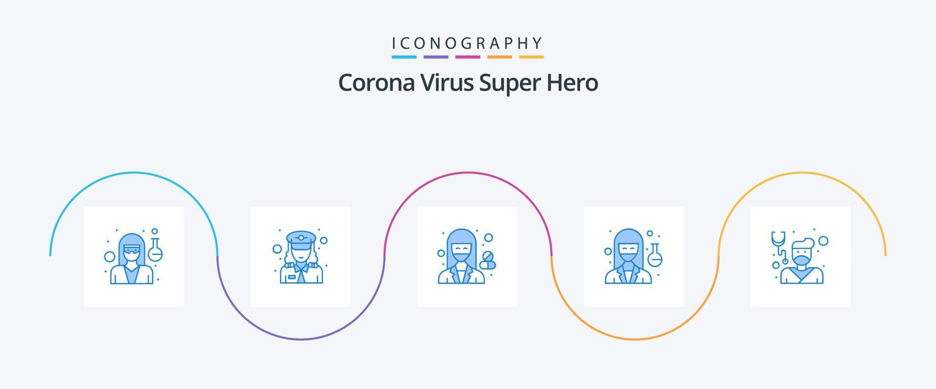 corona virus super held blauw 5 icoon pak inclusief mannetje. dokter. ziekenhuis. wetenschapper. dokter vector