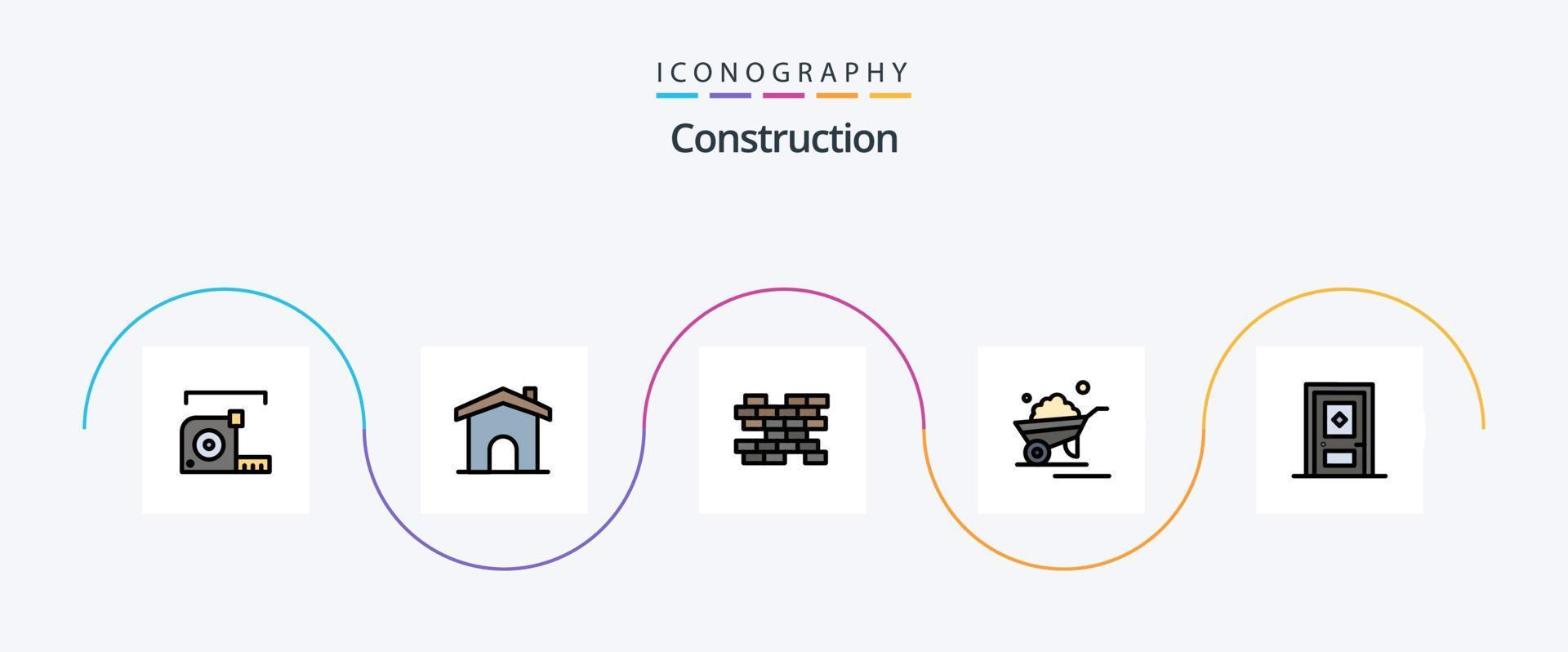 bouw lijn gevulde vlak 5 icoon pak inclusief gebouw. vrachtwagen. huis. karretje. kruiwagen vector