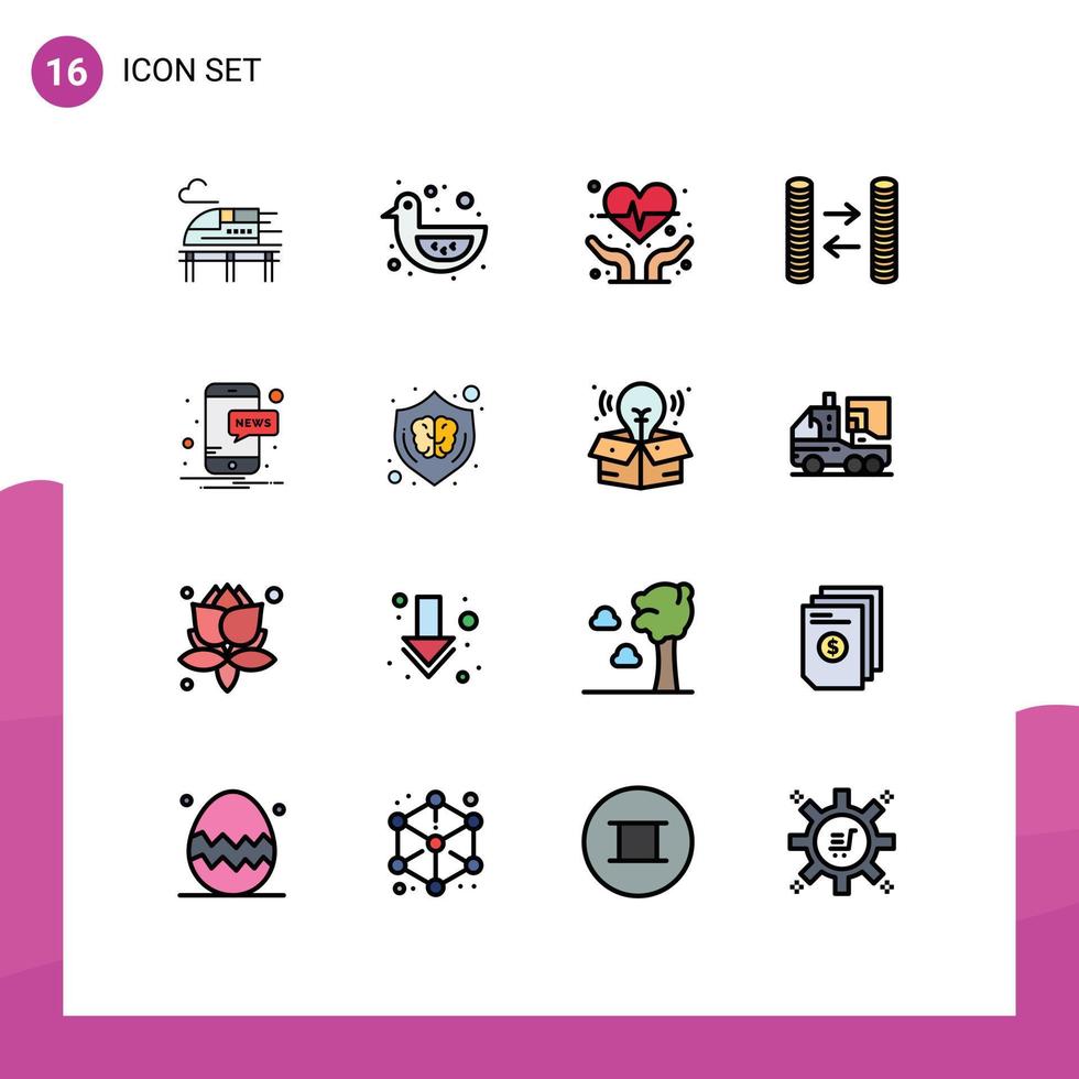 16 vlak kleur gevulde lijn concept voor websites mobiel en apps ontwerp kennisgeving hart zorg nieuws geld bewerkbare creatief vector ontwerp elementen