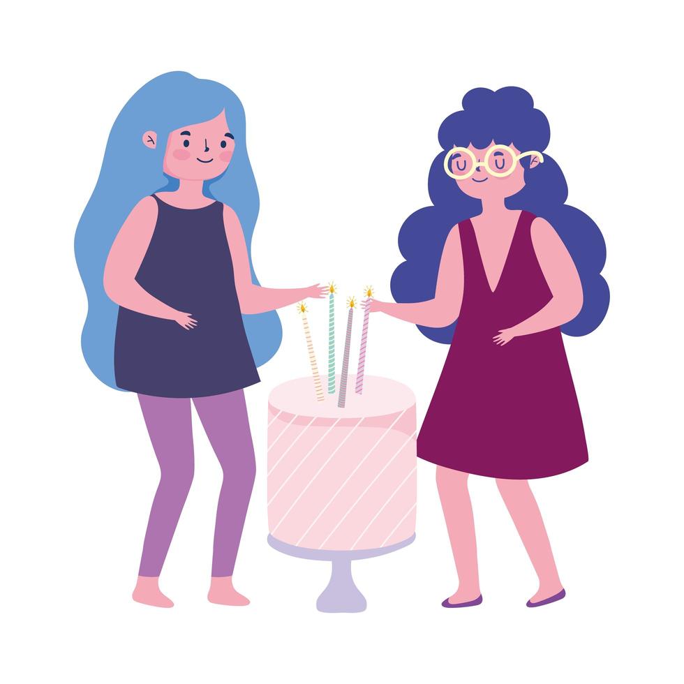 jonge vrouwen met verjaardagstaart met kaarsen viering partij cartoon vector