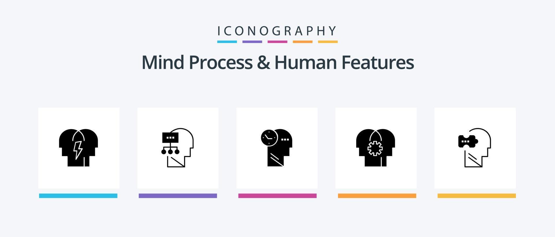 geest werkwijze en menselijk Kenmerken glyph 5 icoon pak inclusief verstand. instelling. tijd. verstand. brein. creatief pictogrammen ontwerp vector