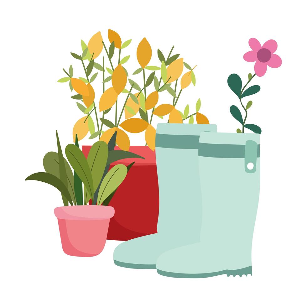 vrolijke tuin, groene laarzen planten in potten bloemdecoratie vector