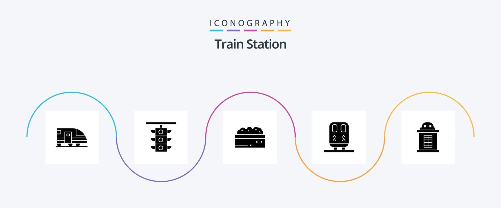 trein station glyph 5 icoon pak inclusief ticket. trein. trein. spoorweg. fabriek vector