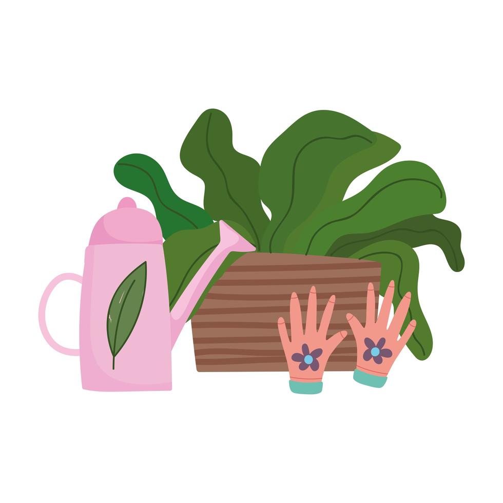 tuinieren, gieter handschoenen en potplanten natuur geïsoleerde pictogramstijl vector
