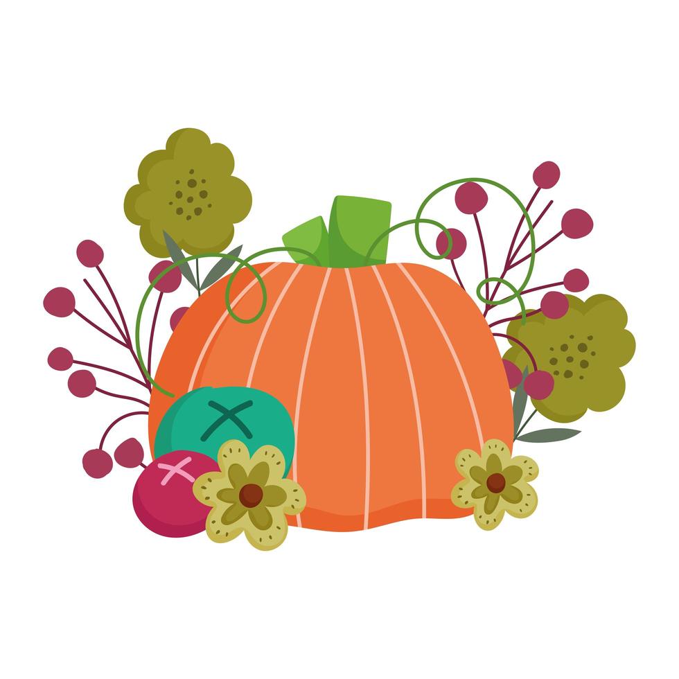 happy thanksgiving day, pompoen bloemen fruit vegetatie gebladerte viering vector