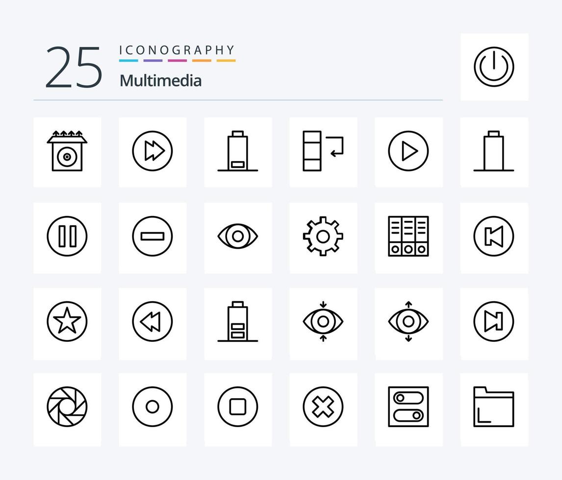 multimedia 25 lijn icoon pak inclusief pauze. multimediaal. kolom. leeg. Speel vector