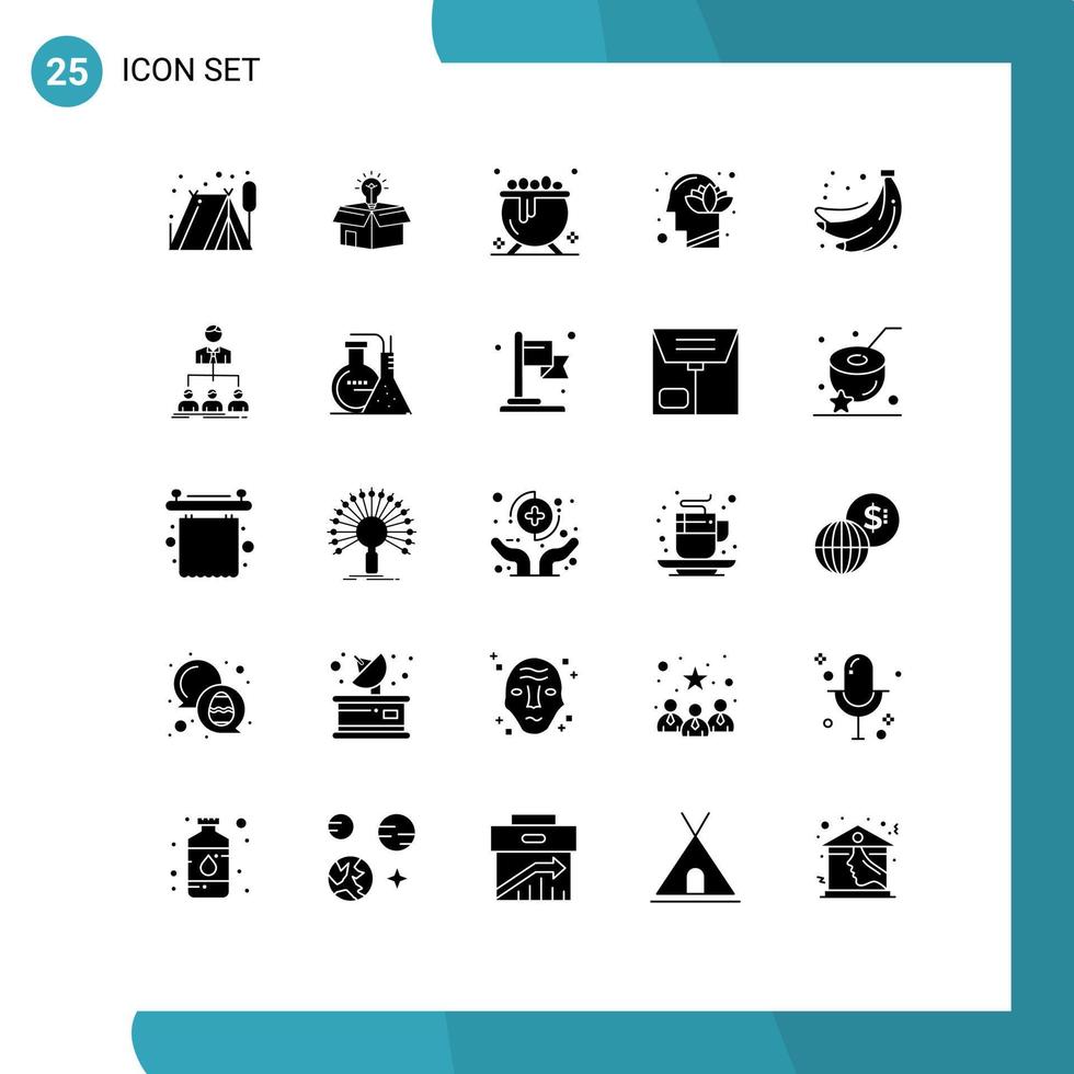 modern reeks van 25 solide glyphs pictogram van voedsel geest ketel lotus hoofd bewerkbare vector ontwerp elementen