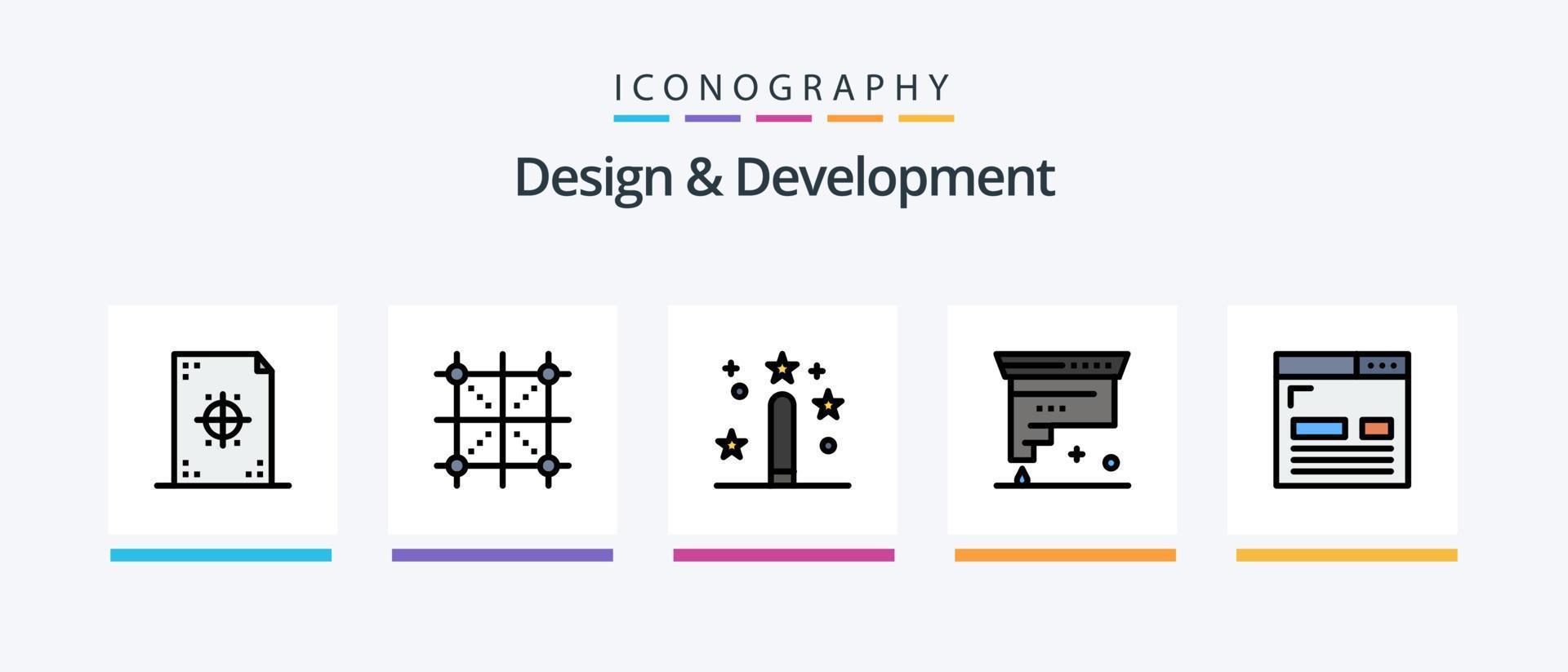 ontwerp en ontwikkeling lijn gevulde 5 icoon pak inclusief ontwerp. codering. ontwikkeling. programmeren. ontwikkeling. creatief pictogrammen ontwerp vector
