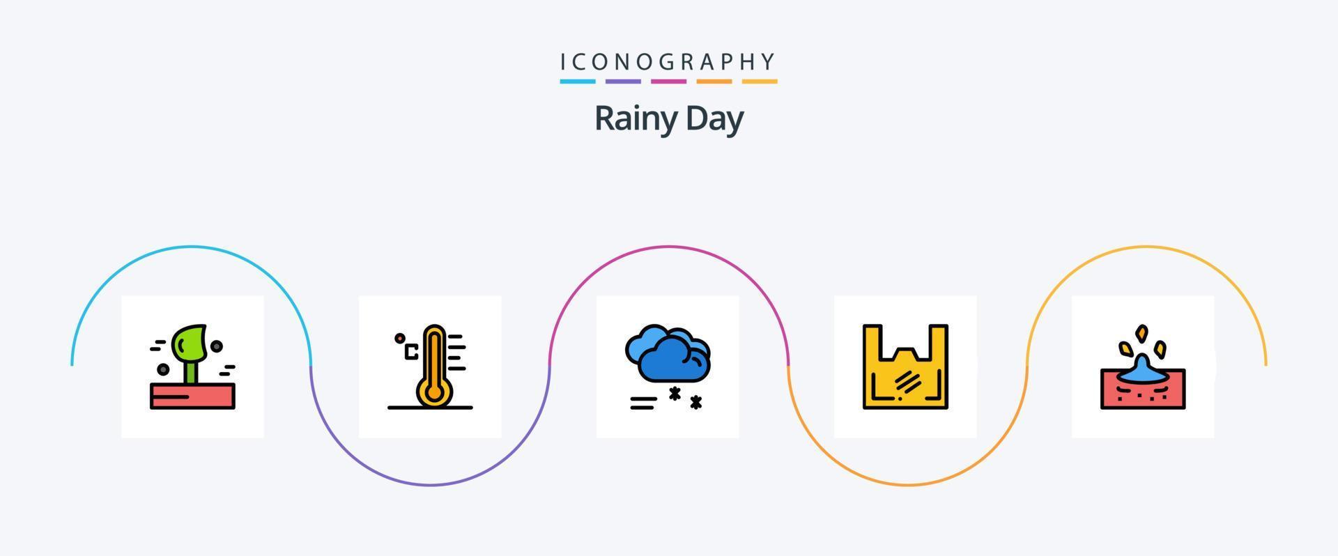 regenachtig lijn gevulde vlak 5 icoon pak inclusief supermarkt. plastic. temperatuur. ecologie. regenachtig weer vector