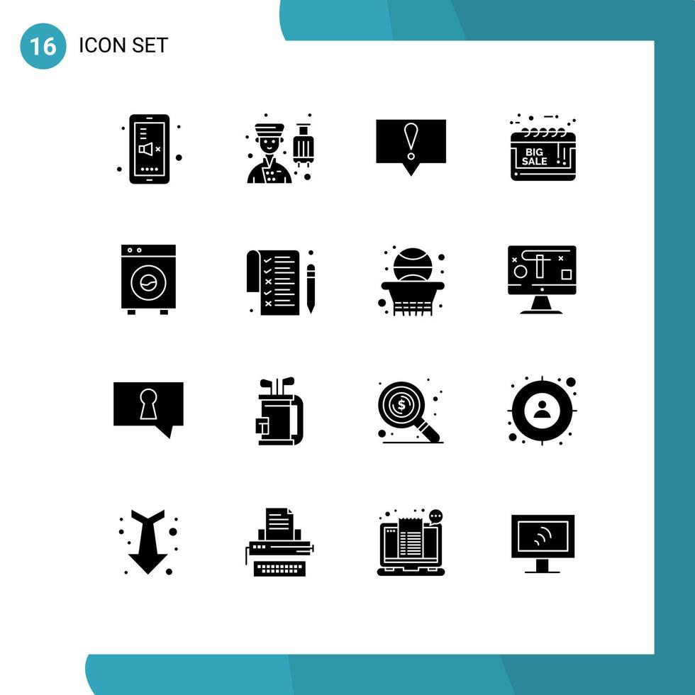 16 solide glyph concept voor websites mobiel en apps automatisering uitverkoop advertentie onderhoud groots uitverkoop kalender bewerkbare vector ontwerp elementen