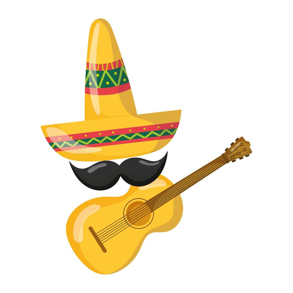 mexicaanse onafhankelijkheidsdag, hoed gitaar snor decoratie, viva mexico wordt gevierd in september vector