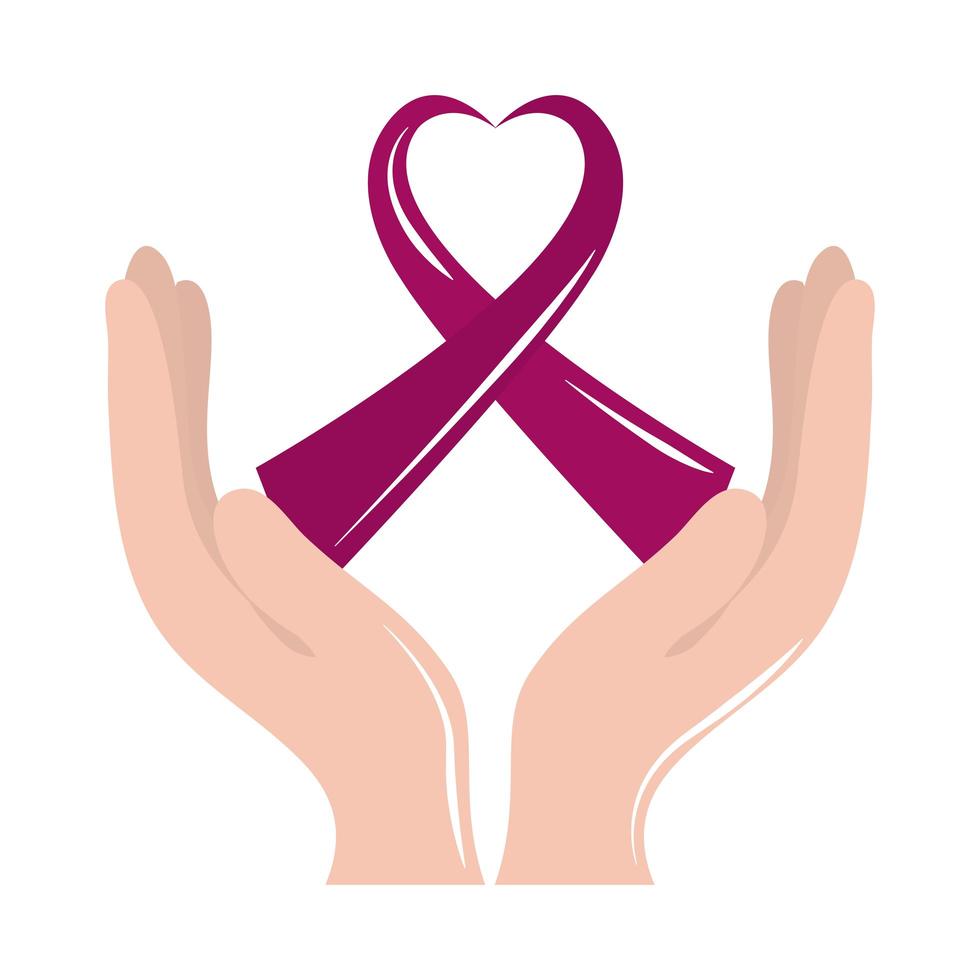borstkanker bewustzijn maand, handen met lintvormige hartsteun, gezondheidszorg concept platte pictogramstijl vector