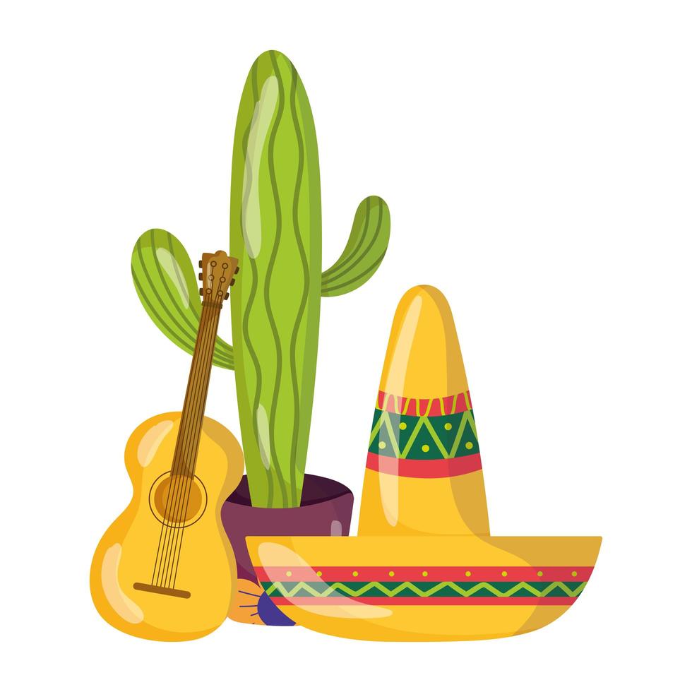 Mexicaanse onafhankelijkheidsdag, ingemaakte cactusgitaar en hoed, gevierd in september vector