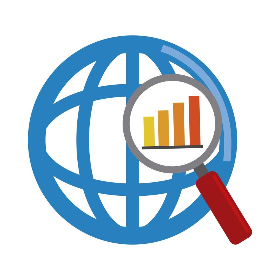 data-analyse, wereld vergrootglas diagram financieel rapport platte pictogram vector